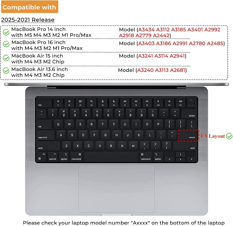 Eoocoo غطاء لوحة مفاتيح متميز رقيق للغاية، متوافق مع ماك بوك برو M5 14" 16" M4 M3 M2 M1 برو ماكس شريحة، 2026-2021 ماك بوك إير 15" 13.6" M4 M3 M2 شريحة، ملون - Image 4